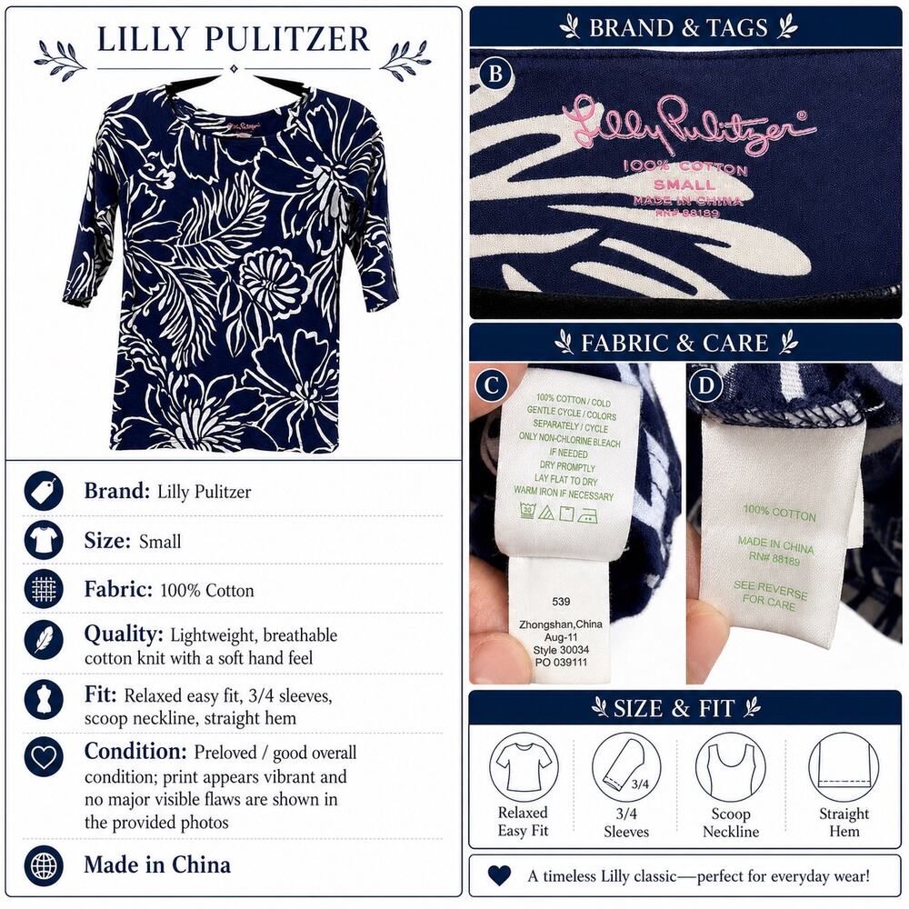 Lilly Pulitzer Top Women’s Small Navy White Floral Cotton Coastal Tee 3/4 Sleeve - Picture 6 of 16